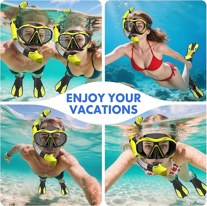 Snorkeling Gear for Adults Men Women, 3 in 1 Snorkel Set with Panoramic View Diving Mask Anti-Fog Anti-Leak, Snorkel Mask Dry Top Snorkel Fins for Swimming, Snorkeling and Travel Diving