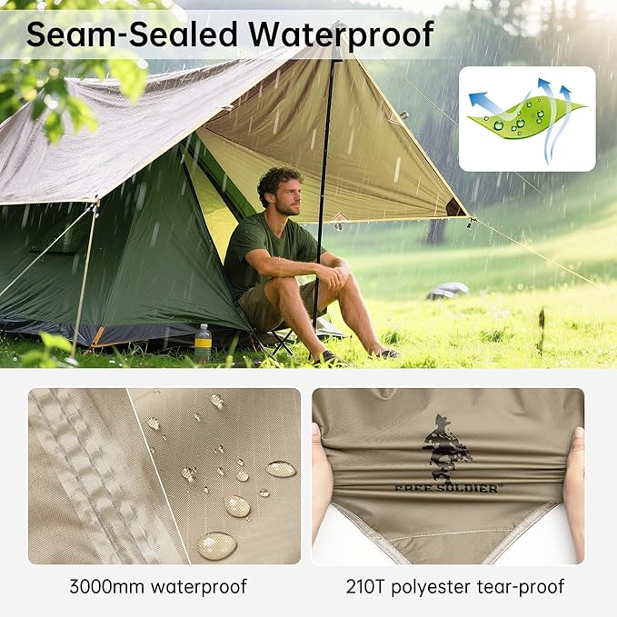FREE SOLDIER Camping Tarp Waterproof Portable Multifunctional Outdoor Traveling Awning Backpacking Shelter Rain Tarp (Beige 10×10.5ft)