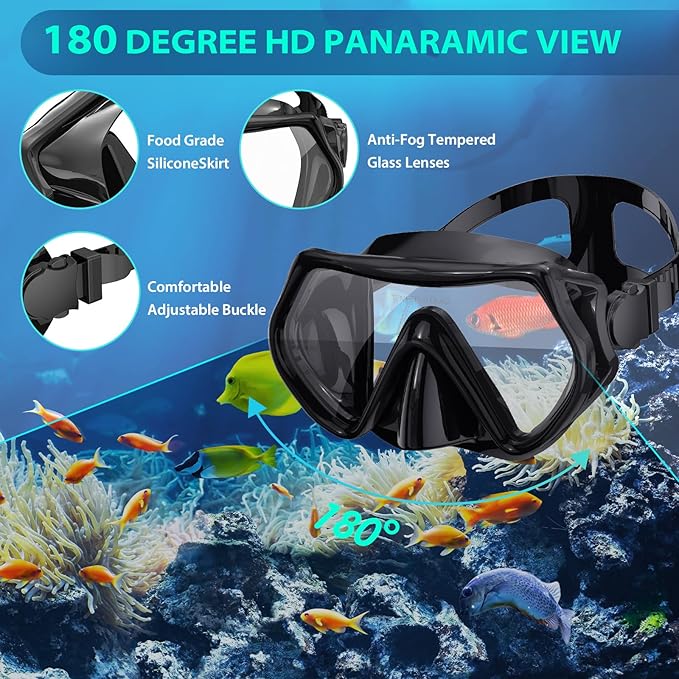 Snorkeling Gear for Adults, Mask Fin Snorkel Set, Dry Top Snorkel, Snorkeling Kit Travel Diving Package, Panoramic View Anti-Fog Anti-Leak Adjustable Swim Fins