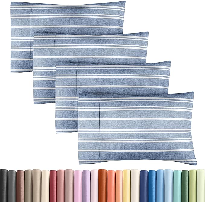 Pillowcases - Ultra Soft Hotel Quality Pillowcase Covers - Comfy, Cozy & Wrinkle Free - Shrinkage and Fade Resistant - Machine Washable Pillow Protectors - (Queen, Blue Stripes 3, 4 Piece Set)