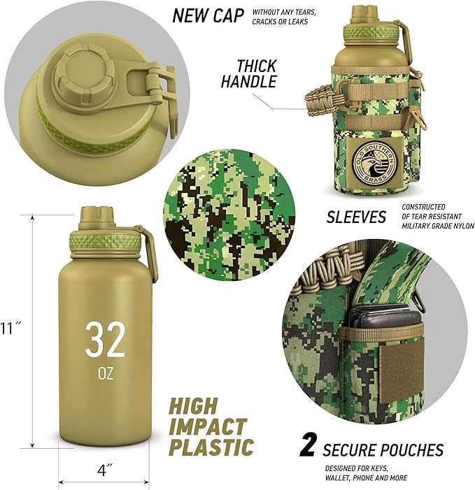 Combat Canteen - 32oz Insulated Water Bottle with Paracord Handle, Stainless Steel Water Jug with Rugged Pockets for Keys, Wallet & Phone - Green Digital Camo
