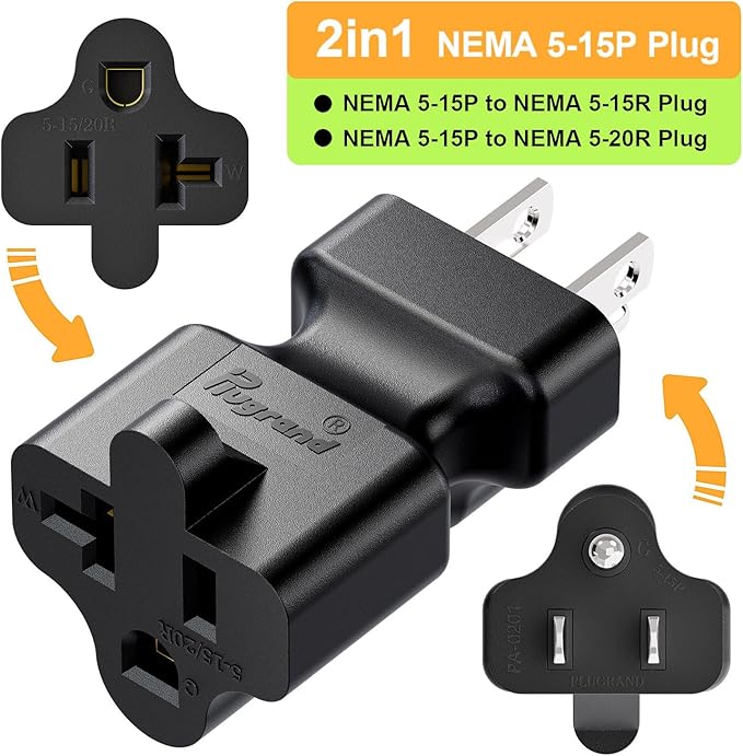 15 Amp to 20 Amp T Blade Power Adapter, Nema 5-15P to 5-15R/5-20R AC Adapter (2 Pack)