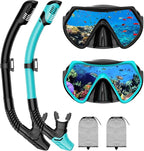 Snorkeling Gear for Adults, Adult Snorkel Mask Set Scuba Diving Dry-Top, Swimming Goggles w/Nose Cover, HD Tempered Glass Panoramic Anti-Leak Anti-Fog, Travel Snorkeling Packages Storage Bag, 2 Pack