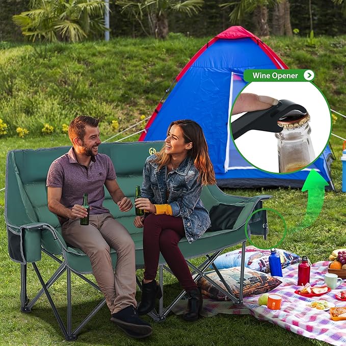 Nice C Double Padded Camping Chair, Oversized Loveseat Camping Chair, Outdoor Camping Couch for Adults, Lawn Chairs, Extra Padded, with Cup Holder, Cooler Bag, Bottle Opener (Green)