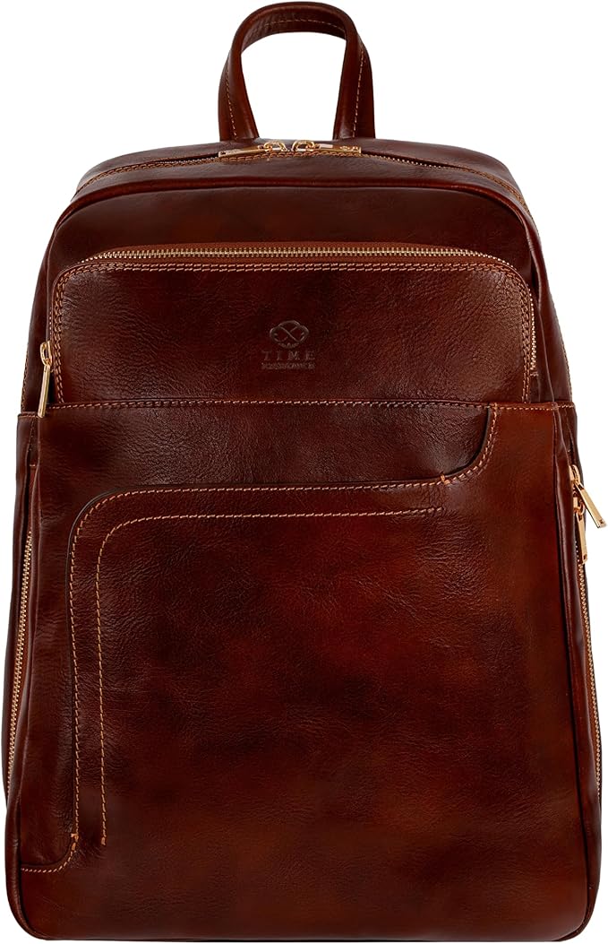 Time Resistance Leather Business Backpack - Laptop and A4 Portfolio Bag - Travel Bag Rucksack (Brown)
