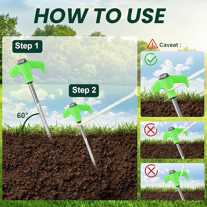 20 Pack 8" Screw in Tent Stakes Heavy Duty- Ground Anchors Screw- Tent Pegs Camping Stakes- Hex Pegs Drillable Tent Stakes and Hexagon Head Drive and Storage Box (Green)