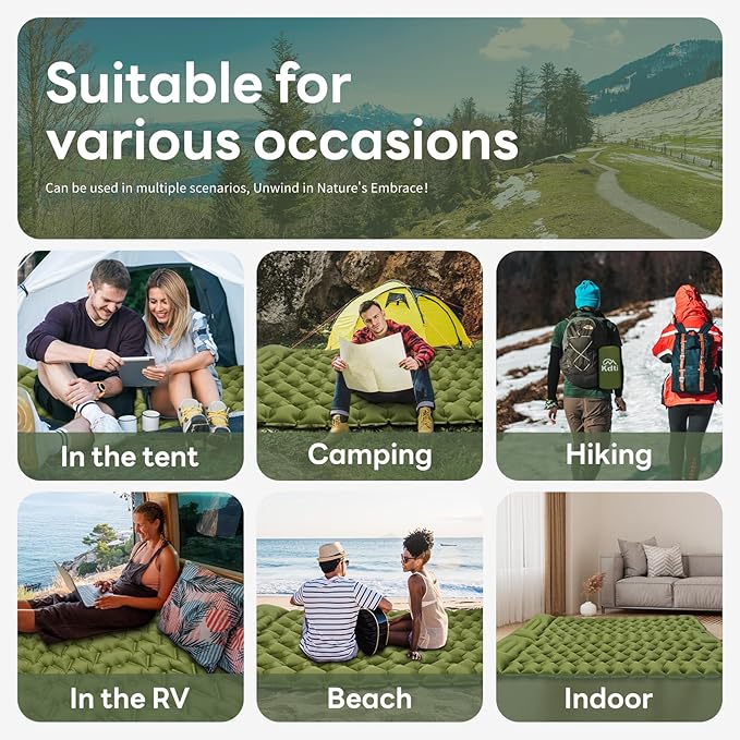 Double Camping Sleeping Pad with Pillow, Built-in Foot Pump Inflatable Sleeping Pad, Ultralight Air Mattress, Durable Waterproof Camping Pad for for Tent, Backpacking, Hiking