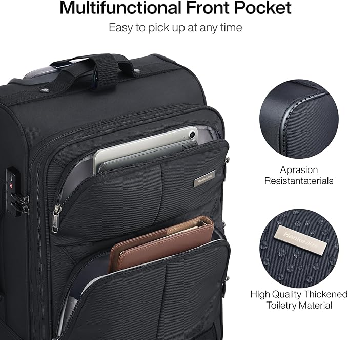 Hanke 24 inch Softside Expandable Luggage with Spinner Wheels, Medium Size Suitcase Checked Luggage Travel Luggage Rolling Suitcase,Black