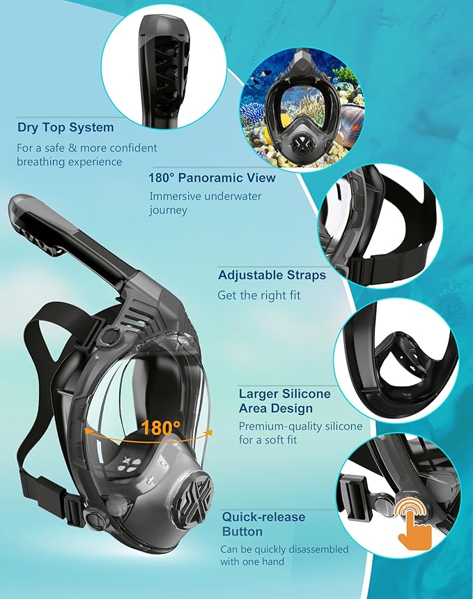 Full Face Snorkel Mask- Snorkeling Gear for Adults with Safe Dry Top Breathing System, Latest Foldable Panoramic View Snorkeling Mask for Men and Women, Anti Fog Anti Leak