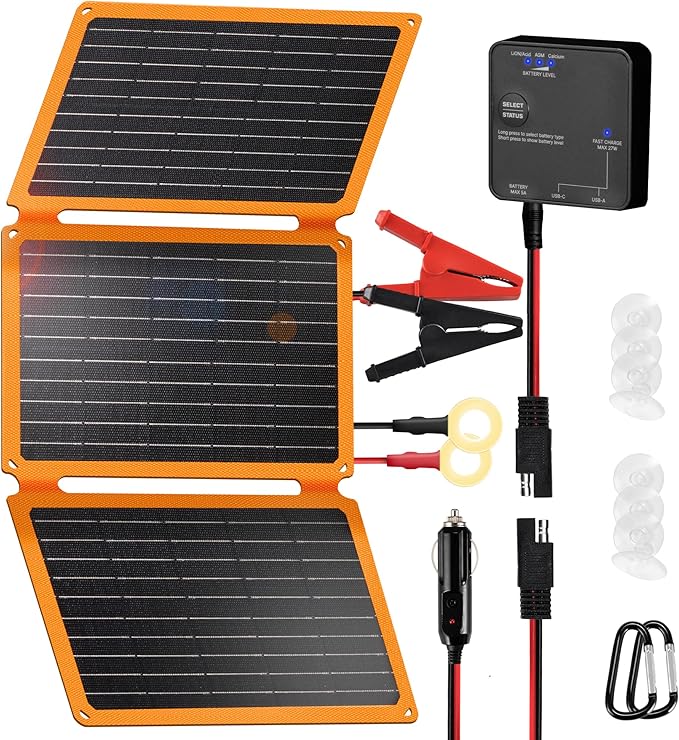 FieryRed 30W Folding Solar Battery Trickle Charger Maintainer, 2-in-1 Portable 12V Solar Trickle Charger with Built-in Charge Controller, Dual USB Fast Charging for Car Truck Boat Automotive Camping