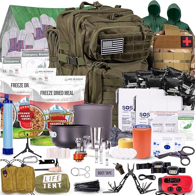 72-Hour Survival Kit | Emergency Bug Out Bag with First Aid, Water Filter, Food, Tools | 45L Tactical Backpack for Camping, Hiking, Outdoor Emergency Preparedness