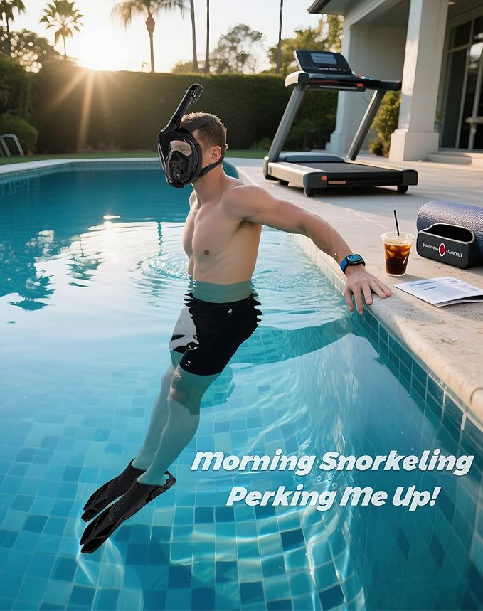 Mask Fins Snorkeling Gear for Adults, Full Face Snorkel Mask & Adjustable Swim Fins Snorkel Set, Panoramic View Snorkel Mask Dry Top Anti-Fog Anti-Leak