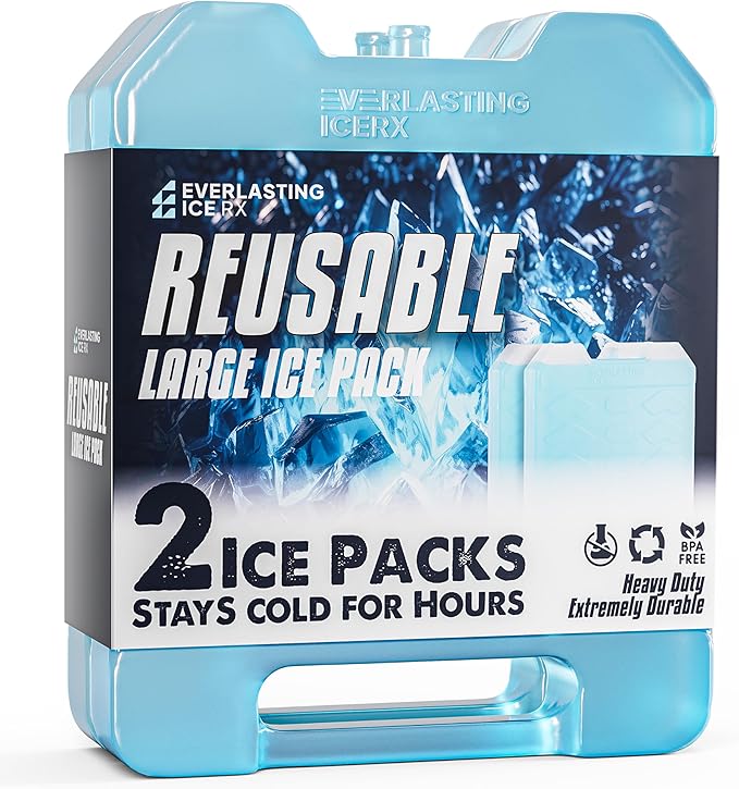 Everlasting Ice RX Large Reusable Ice Packs for Cooler with Handle (4 Pack) Long Lasting Coolness, BPA Free, Freezer Packs for Extended Cooling | Cooler Ice Packs for Camping, Fishing, Hiking, Beach