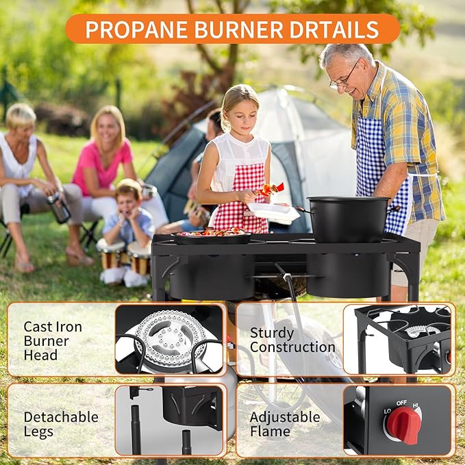 2 Burner Gas Stove, High Pressure Outdoor Propane Burner with Detachable Legs, 150,000 BTU Camping Stove Outdoor Burner with 0-20 PSI Regulator for Camping, Backyard, Outdoor Cooking