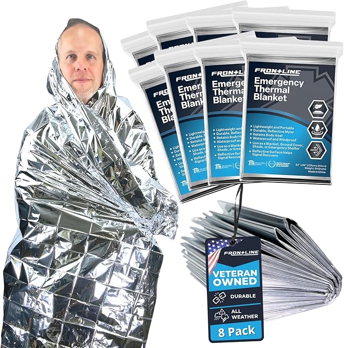 FRONTLINE Emergency Thermal Blankets Large 54" x 84" Mylar Blankets Survival Gear Camping Gear Emergency Space Blanket First Aid for Survival (8)