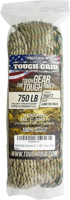 TOUGH-GRID Paracord Rope 750 lbs Nylon Parachute Cord, Made in USA Survival Kit, Outdoor Adventures, Camping, Tactical Gear & Emergency Supplies, Military Type IV Mil-Spec