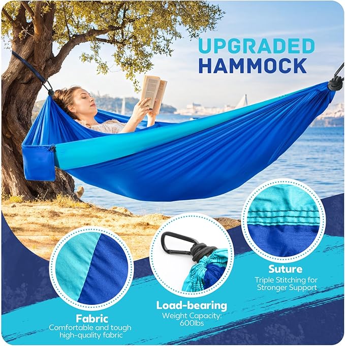 Camping Hammock Lightweight, Portable Hammocks Parachute Hammock with Two Tree Straps, Single or Double Travel Swing Nylon Camp Hammocks, Outdoor Essentials for Beach Backpacking Hiking, Blue