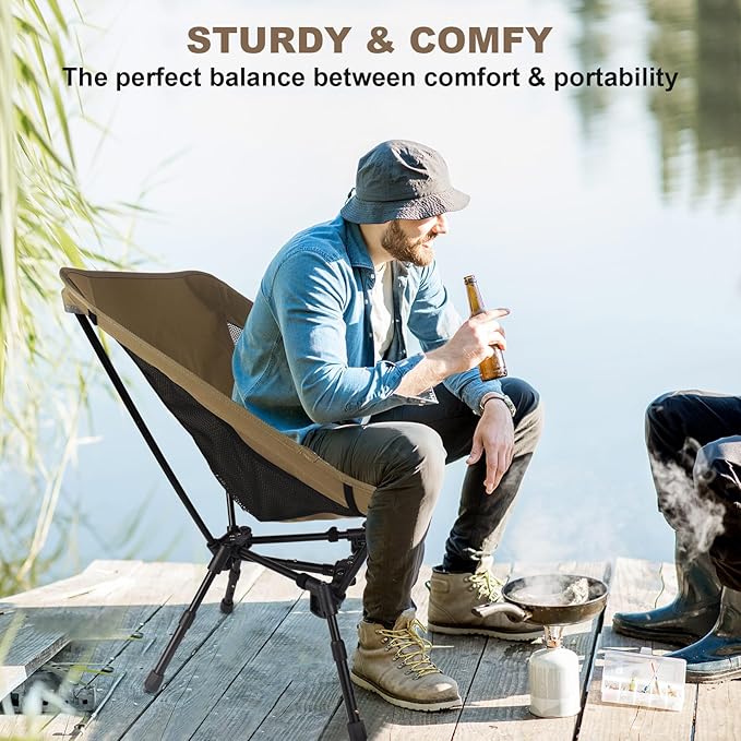 Lightweight Folding Camping Chair: Portable Ultralight Height Adjustable Folding Camping Chair 330 lbs Capacity with Side Pockets Ideal Backpacking Chair for Short hikes and Cycling Trips (Khaki)