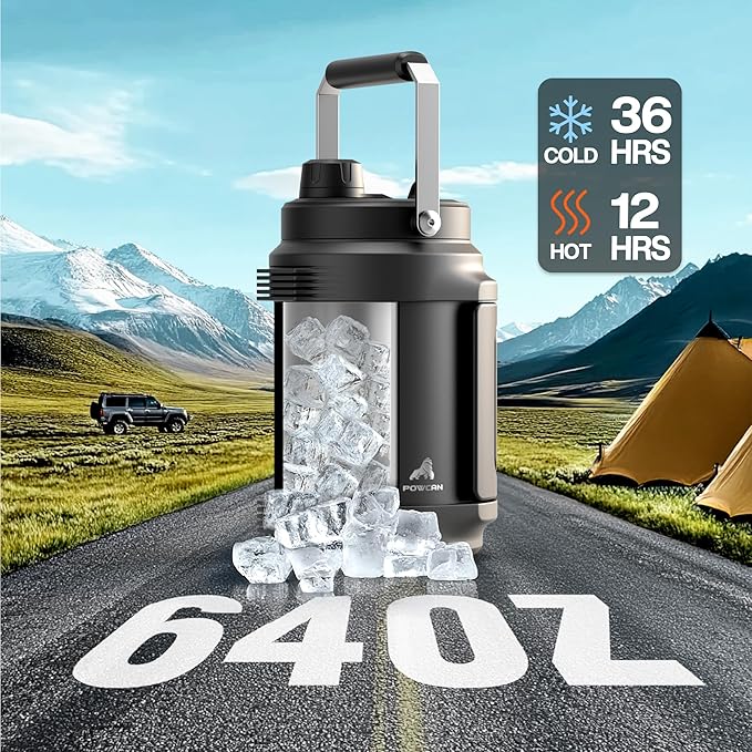 64 oz Insulated Water Bottle for Gym: 2-in-1 Straw Spout Lid, Dual Handle, Leakproof, Keep Cold 36H, Half Gallon Stainless Steel Water Jug for Travel, Hiking, Cycling, Park, Workout, Picnic (Midnight)