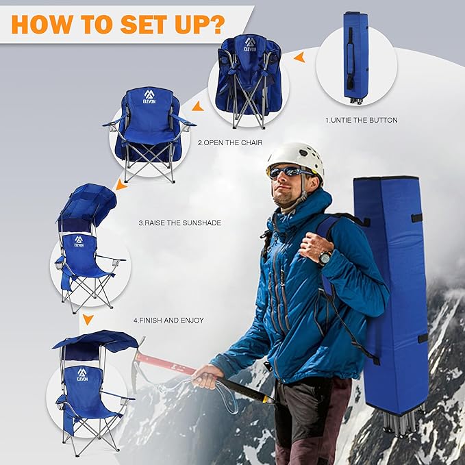 Camping Chair, Oversized Folding Chair with Canopy, Portable Outdoor Chair with Arms, Cup Holder and Carry Bag for Camping, Fishing, Beach, and Sports, Sky Blue