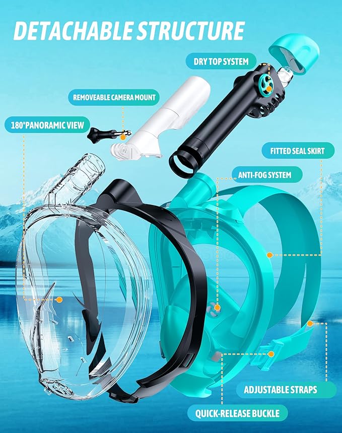 Zenoplige Full Face Snorkel Mask Adults,Dry-Top Snorkeling Gear with Camera Mount,Foldable 180-Degree Panoramic Scuba Mask for Snorkeling Diving Swimming Travel,Snorkel Mask Anti-Fog & Anti-Leak