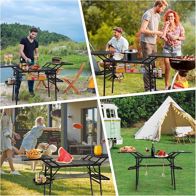 CDEN Camping Table, Campact Table, Folding Portable Tables, Tailgate Tables, with Side Table, 4 Side Shelves, mesh net, for Camping, Picnic, BBQ