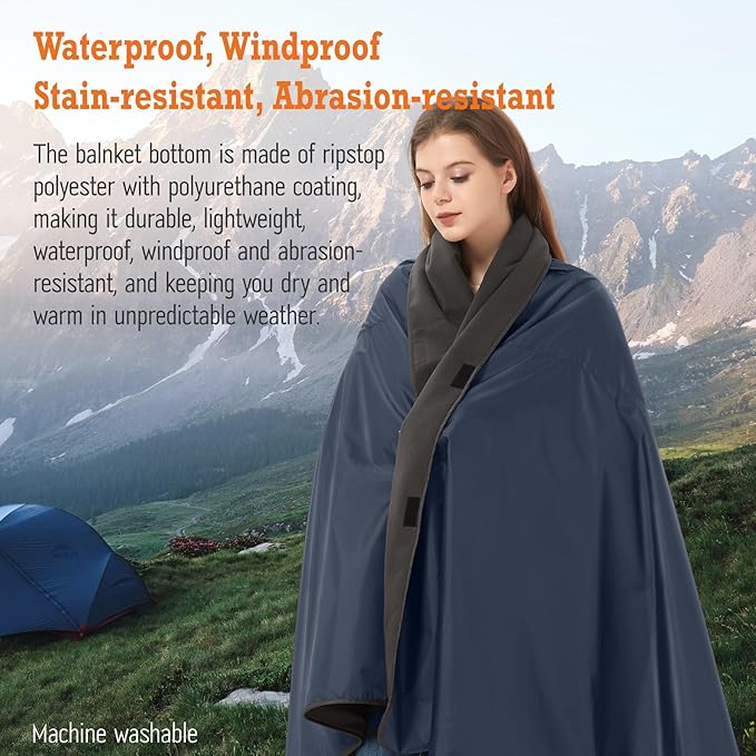 4-in-1 Large Camping Blankets - Waterproof, Windproof Fleece Outdoor Blankets for Stadium, Sports, Car, Concert - 81"x57", Portable (Royal Blue)