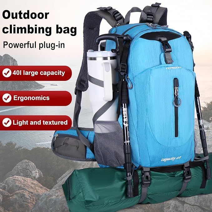 FENGDONG 40L Waterproof Lightweight Hiking,Camping,Travel Backpack for Men Women Blue