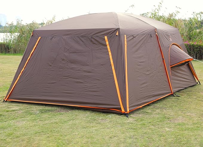 KTT Large Family Cabin Tent 10-12 Person,14.1X10X6.58ft,2 Rooms,3 Storage Pockets,2 Bay-Windows 3 Doors and 3 Windows with Mesh,Straight Wall,Waterproof,Double Layer,Big Tent for Outdoor,Camping