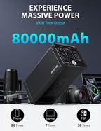 Portable Power Station 300W(Peak 600W), 296 Wh/80000mAh Fast Charging, Rechargeable Generator with 7 Outputs, AC Outlets Power Bank with LED Light for Home Backup Emergency Travel RV Camping