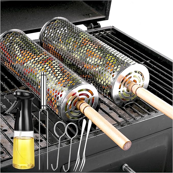 Rolling Grilling Baskets for Outdoor Grill Bbq Net Tube Must Have Large Round Mesh Barbecue Cooking Cylinder Cage Essentials Gadgets Accessories for Picnic Fish Meat Veggies Vegetable, Gift for Men
