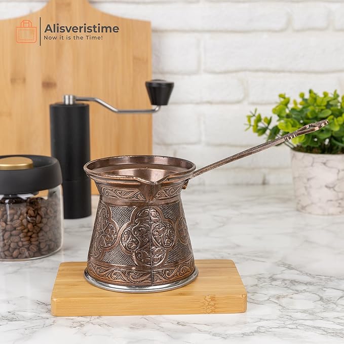 Alisveristime Authentic Turkish Coffee Pot, Handmade Cezve/Ibrik, 4-Inch Width, 4-Inch Height - 20.28 Ounce Enhance Your Coffee Experience Now! (6 Cup) (Antique Brown)