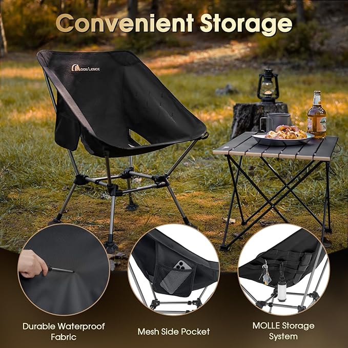 MOON LENCE High Back Folding Camping Chairs, Height-Adjustable, Widened Seat, for Beach with Anti-Sinking Feet (Black-Plus)