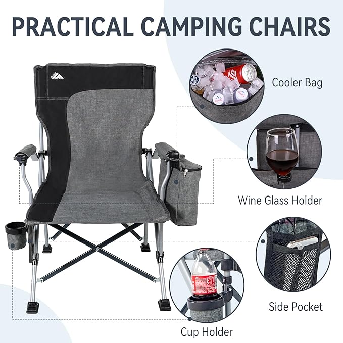 Ablazer 2-Pack Camping Chairs for Adults, Support 350LBS Lawn Chairs with Cup Holder & Cooler Bag, Folding Chairs for Outdoor, Fishing, RV Trip