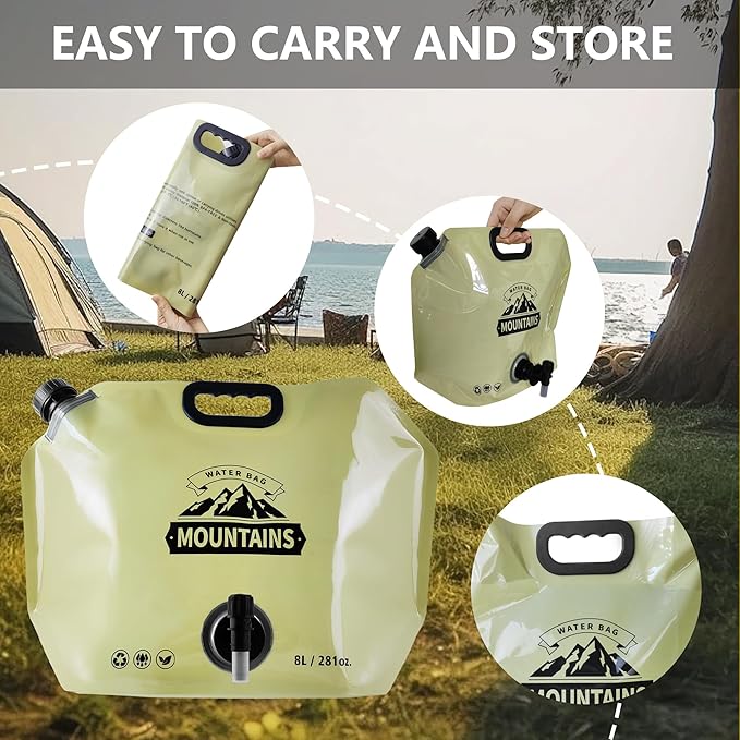 Collapsible 8L Water Storage Bag, BPA-Free Portable Folding Water Jug with Adjustable Faucet, Leakproof Emergency Water Bag for Camping, Hiking, Riding, Outdoor Sport (BEIGE&GREEN, 4)
