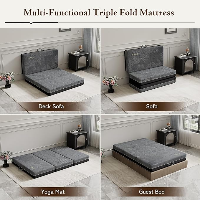 Tri Folding Mattress Twin Size - Memory Foam Tri-fold Mattress, Handle & Non-Slip Bottom, Portable Foldable Sofa Bed Floor Chair for Travel RV Camping Guest Yoga - 6 Inch, 75"x38"x6"