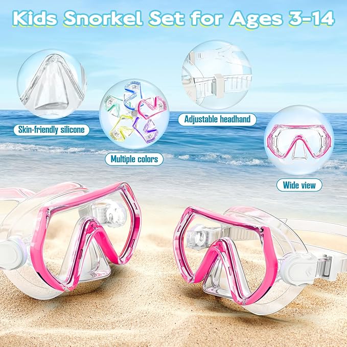 Snorkeling Gear for Kids, Kids Snorkel Set for Ages 3-14, Anti-Fog Diving Mask and Dry Top Snorkel Combo Set, Unisex Swimming Goggles
