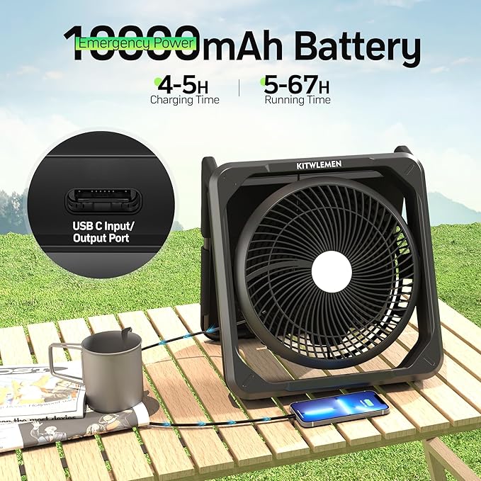 11.5 Inch Upgraded Solar Camping Fan with Light- Rechargeable Battery Fan, 10W Detachable Solar Panel, 3 Speed, 6H Timer,60° Pivot Strong Airflow for Camping Fishing RV Trips Hurricane Power Outage