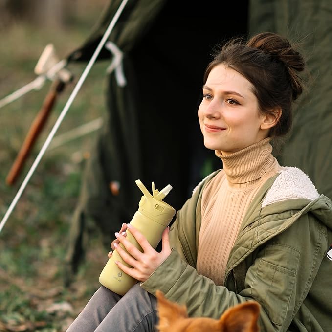 IDEUS Insulated Stainless Steel Water Bottle with 2 Leak-Proof Lids, Thermal Water Flask for Hiking Biking, 18oz, Light Yellow