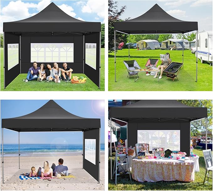 COBIZI 10x10 Pop Up Canopy Tent 10x10 Canopy with 4 Sidewalls Waterproof Heavy Duty Commercial Canopy Tent for Parties Outdoor Tent Garden Gazebo Tent, Carry Bag with Wheel(10x10ft, Black)