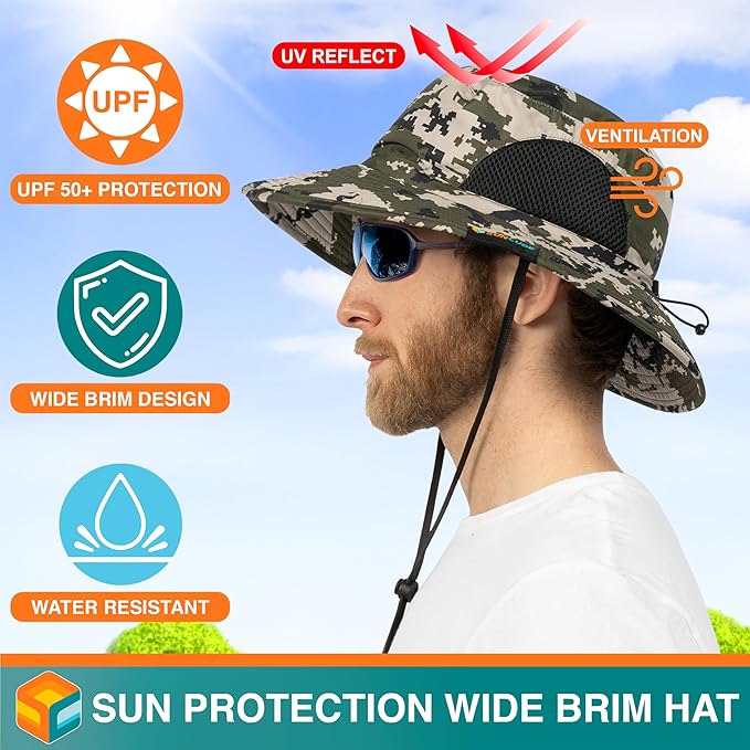 SUN CUBE Wide Brim Sun Hat Men Women, Fishing Hats Sun UV Protection, Mens Hiking Bucket Hat Safari Beach Boonie, UPF 50+