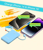 6000mah Ultra Slim Built in Cables Power Bank, Card Size Built in USB C Cords Battery Pack Portable Charger for Phones, 3 Output External Battery Pack Compatible with iPhone, Samsung, Google, Blue