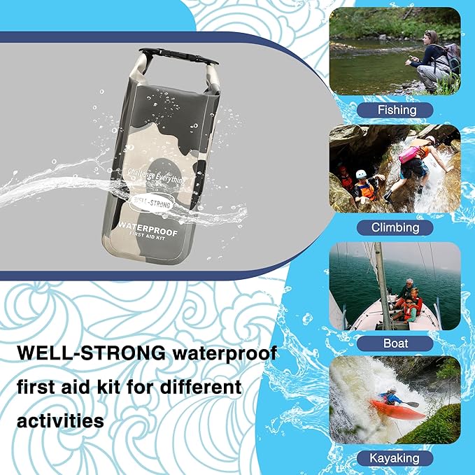 Waterproof First Aid Kit Roll Top Boat Emergency Kit with Waterproof Contents for Fishing Kayaking Boating Swimming Camping Rafting Beach Camouflage Grey