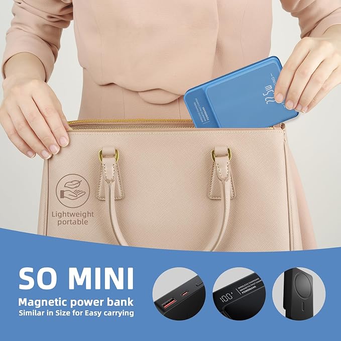 Magnetic Power Bank, 10000mAh Magnetic Portable Charger, 22.5W Wireless Power Bank, USB-C Fast Charging, LED Display Magnetic Battery Pack, Compatible for iPhone 17/16/15/14/13 Pro/Pro Max/Plus(Blue)