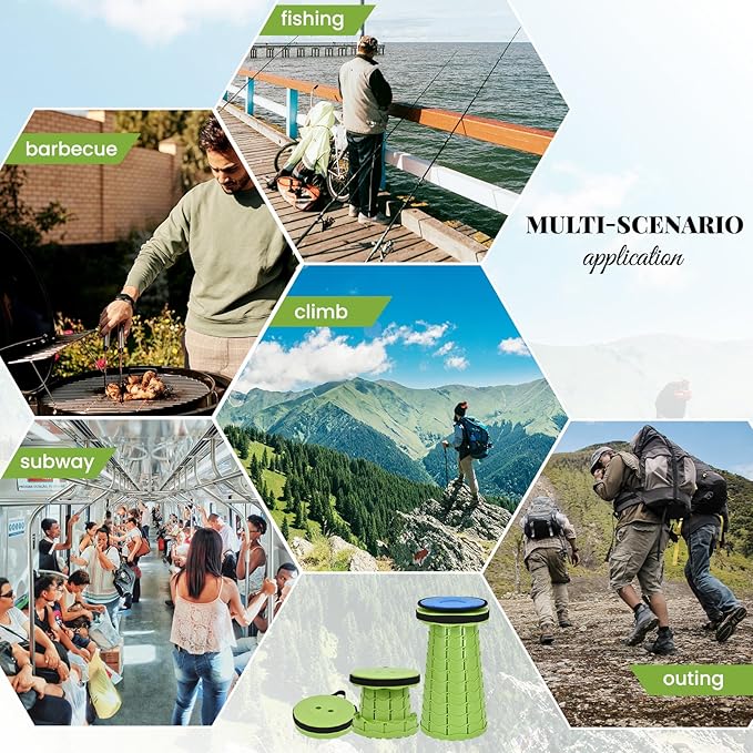 2 Pack Upgraded Collapsible Stool with Cushion, Thickened Retractable Folding Stool Max Load Capacity 400lbs, Portable Telescoping Stools for Camping Fishing Outdoor Hiking BBQ -Green