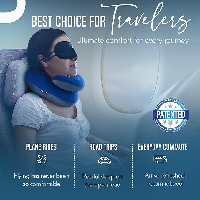 BCOZZY Travel Neck Pillow for Airplane – Patented Double Support for Head, Neck, and Chin. Best for Long Flights, Plane Sleeping & Car Rides. Adjustable Size. Fully Washable. Carry Bag. X-Large, Gray