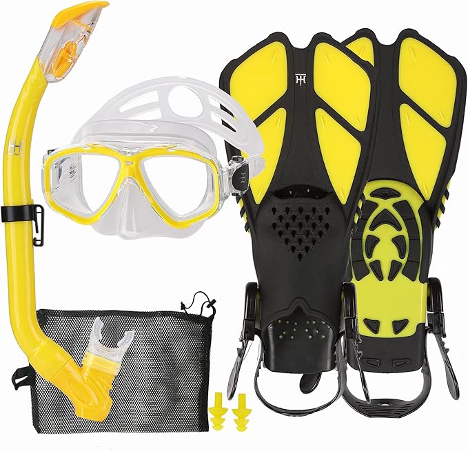 Kids Mask Fins Snorkel Set Snorkeling Packages, with Diving Mask, Snorkel, Adjustable Swim Fins, Mesh Bag, Anti-Fog Anti-Leak Snorkeling Gear for Kids for Snorkeling Swimming Diving