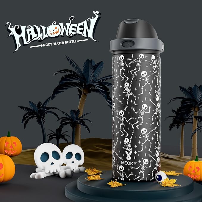 24 oz Halloween Insulated Water Bottle: Meoky Stainless Steel Water Bottle with 2-in-1 Straw Lid - Leak Proof, Cold for 24 Hours, Protective Silicone Base, Halloween Gifts for Women Men, Pop Skull
