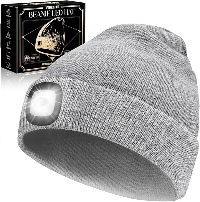 LED Beanie Hat with Light, USB Rechargeable LED Headlamp, Gifts for Men, Him, Husband, Boyfriend, Gifts for Dad, Husband, Father, Grey