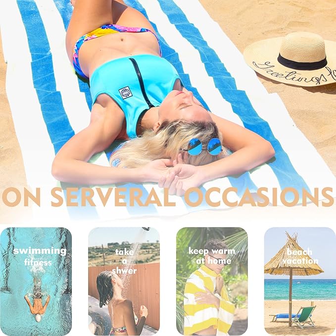 Exclusivo Mezcla 2 Pack Cotton Oversized 35x70 Inches Cabana Stripe Beach Towels, Super Absorbent Soft Plush Pool Bath Towel (Blue)